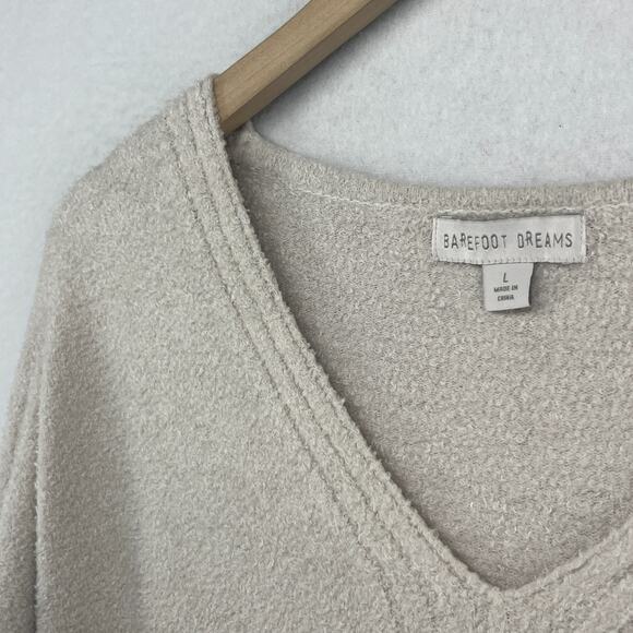 BAREFOOT DREAMS Sweater Womens L Cozy Chic Lite Plush V-Neck Pullover Beige - Picture 8 of 14